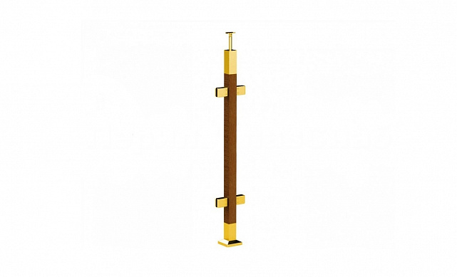 Готовая стойка 40х40х950 мм, деревянная, со вставками из нержавеющей стали 2х100 мм с 4 зажимными стеклодержателями, под золото k740-3-G