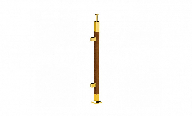 Готовая стойка 40х40х950 мм, деревянная, со вставками из нержавеющей стали 2х100 мм с 2 зажимными стеклодержателями, под золото k740-4-L-G