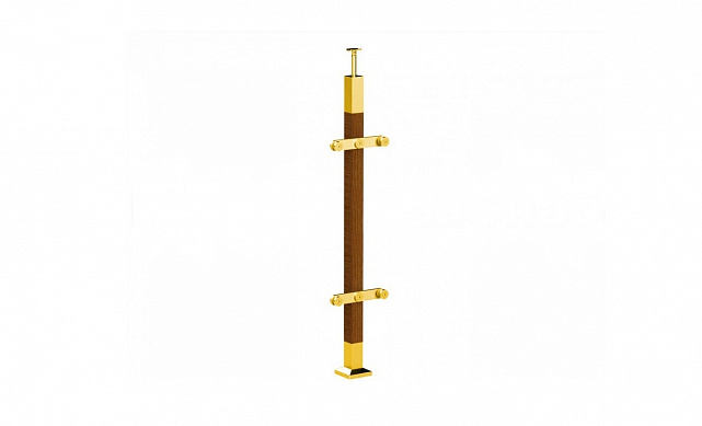 Готовая стойка 40х40х950 мм, деревянная, со вставками из нержавеющей стали 2х100 мм с 2 пластинчатыми стеклодержателями, под золото k740-2-G