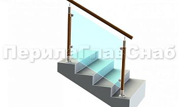 Ограждение с круглым деревянным поручнем с зажимными стеклодержателями и стойками с деревянными вставками в Краснодаре. Готовые проекты ПерилаГлавСнаб