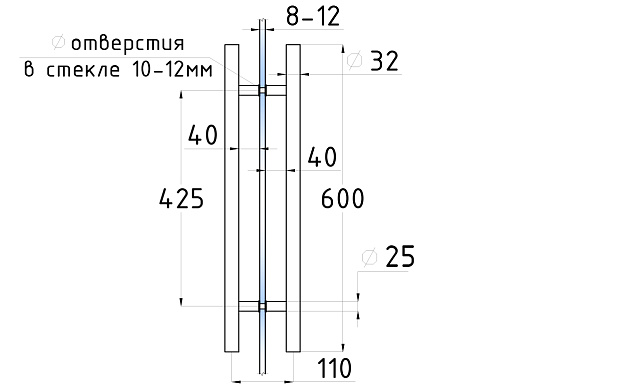 Ручка для стеклянной двери рейлинг двухсторонняя для стекла 8-12 мм, 32х425х600 мм, шлифованная t633-600 SSS 3