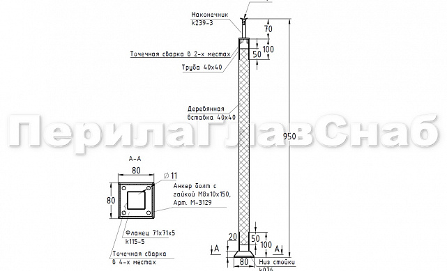 Готовая стойка 40х40х950 мм, деревянная нелакированная, со вставками из нержавеющей стали 2х100 мм k740 2 Готовая стойка 40х40х950 мм, деревянная нелакированная, со вставками из нержавеющей стали 2х100 мм k740 2