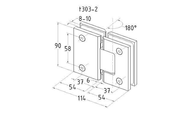 Петля для душевой кабины стекло-стекло 180° 90х55 мм AISI 304 полированная t303-2 PSS 2