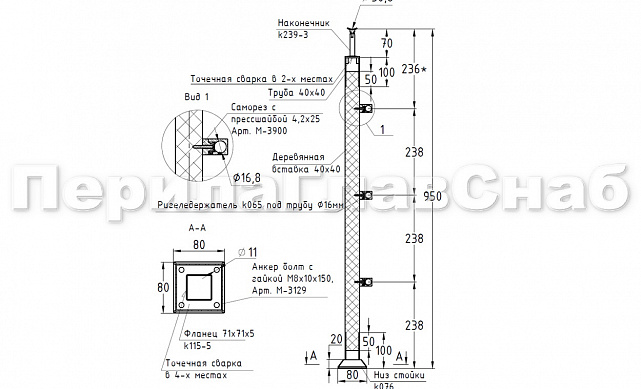 Готовая стойка 40х40х950 мм, деревянная, со вставками из нержавеющей стали 2х100 мм с 3 ригеледержателями k740-1-G 2