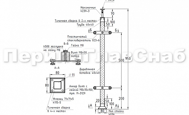 Готовая стойка 40х40х950 мм, деревянная, со вставками из нержавеющей стали 2х100 мм с 2 пластинчатыми стеклодержателями, под золото k740-2-G 2