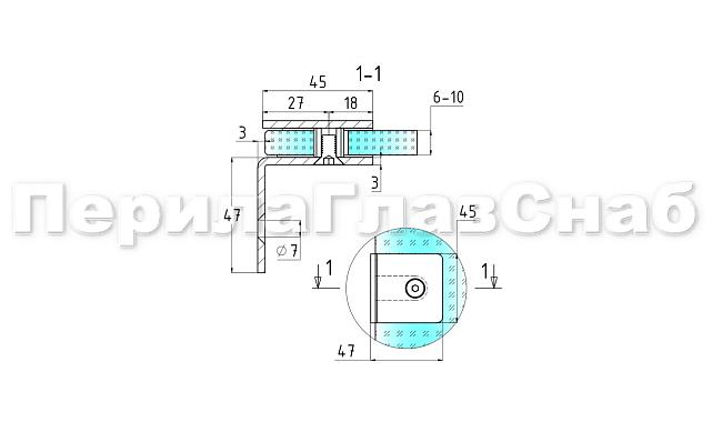 Коннектор для душевой кабины стена-стекло 90°, 45х45, шлифованный  t722-2 SSS 3
