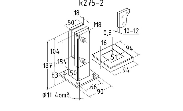 Стеклодержатель напольный 50х50х190 мм, литой, плоский, для стекла 10-12 мм, нержавеющая сталь AISI 304, полированная k275-2 3 Стеклодержатель напольный 50х50х190 мм, литой, плоский, для стекла 10-12 мм, нержавеющая сталь AISI 304, полированная k275-2 3