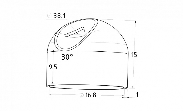  Наконечник штампованный (СПС) косой 30° на трубу Ø16 мм, для поручня Ø38.1 мм, полированный, нержавеющий, (AISI 201) k212-3 2