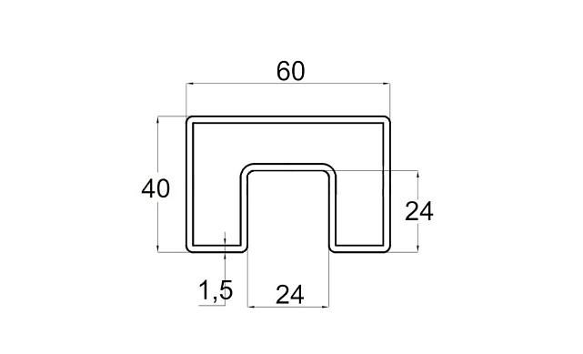 Труба Prima3+, 40х60х1.5 мм, с пазом 24х24мм под стекло, полировка 600GRIT, AISI 201 k824-5 2