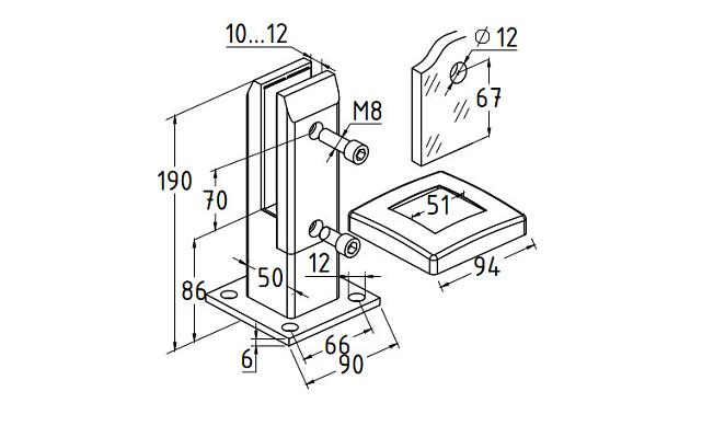 Стеклодержатель литой напольный, плоский 50х50х190 мм, для стекла 10-12 мм, черный RAL9005 мат, AISI 304  Фk275-2- BL 3