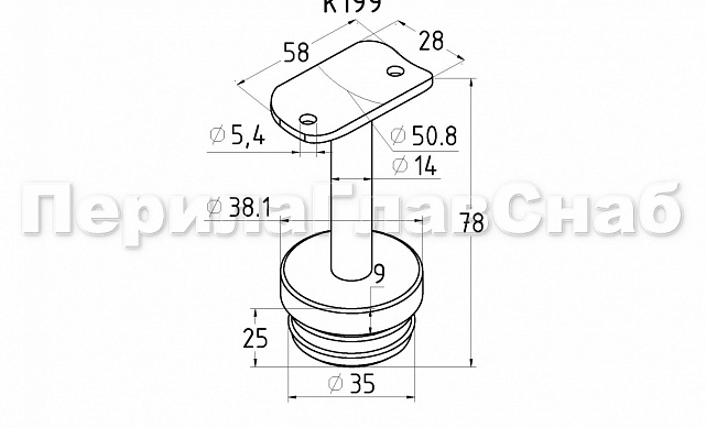 Наконечник палец с алюминиевой системой фиксации на стойке Ø38.1х1.5 мм, с не регулируемым ложементом 90° под поручень Ø50.8 мм, полированный, нержавеющий (AISI 304) k199 2 Наконечник палец с алюминиевой системой фиксации на стойке Ø38.1х1.5 мм, с не регулируемым ложементом 90° под поручень Ø50.8 мм, полированный, нержавеющий (AISI 304) k199 2
